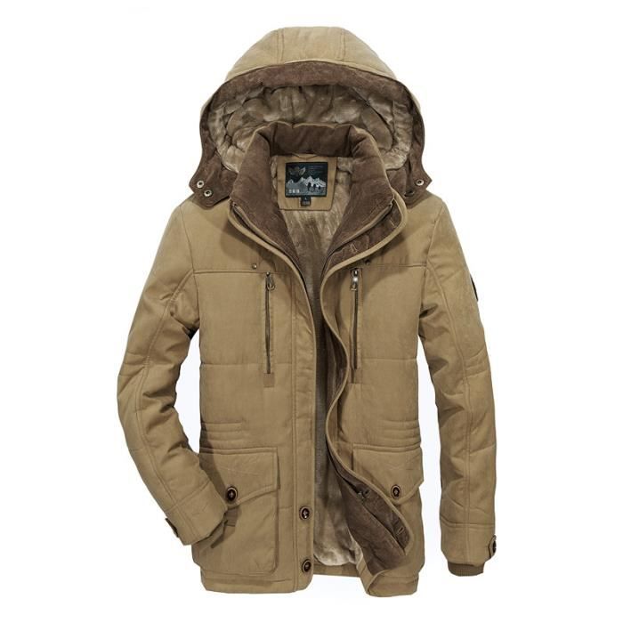 Parka Homme de Marque plus de velours Parka long epaississant Parka Hommes a capuche Kaki