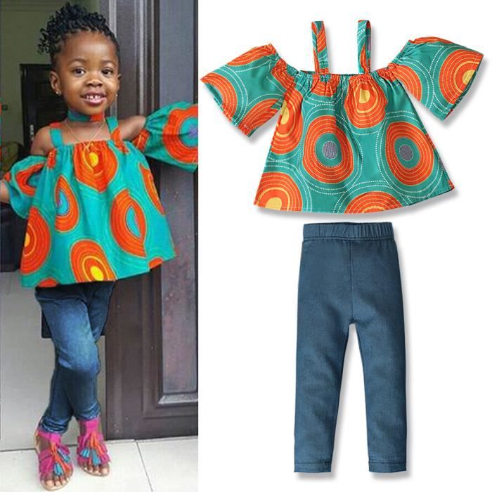 1-6 Ans 2 PCS Ensemble de Vêtements Bébé Enfant Fille : Haut Imprimé Africain à Épaules Dénudées + Pantalon