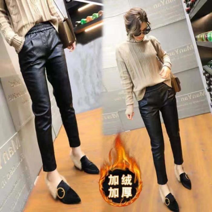 Pantalon Jogging Femme Chaud et epais en cuir PU Taille haute et baggy Black elastic waist Cdiscount Sport