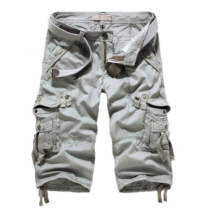 Short Homme 3 4 Decontracte Short Cargo en Coton Confortable avec Entrejambe Shorts Homme Multiples Poches Sans Ceinture Gris Blanc