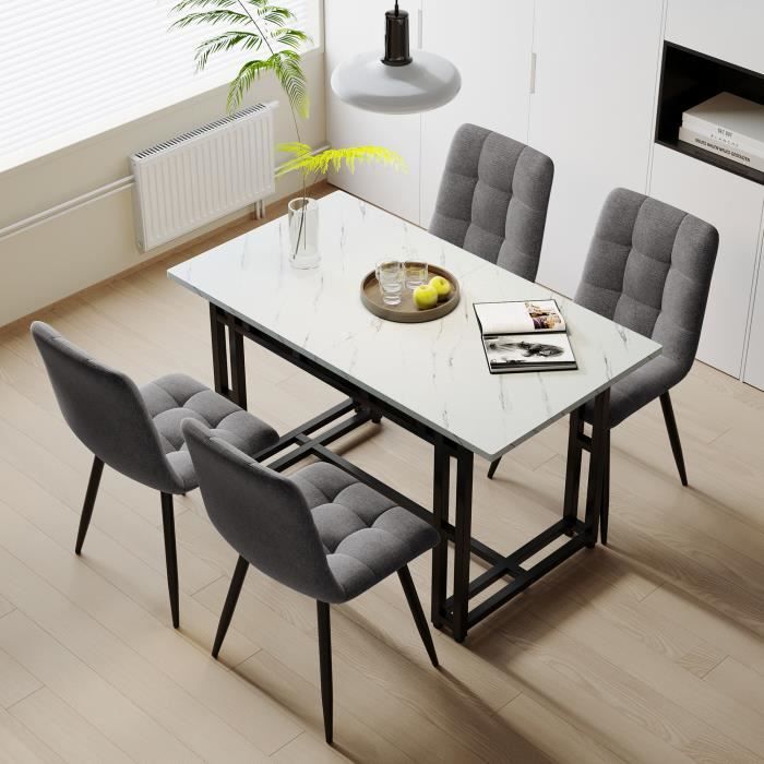 table à manger blanc 120 x 70 cm avec 4 chaises en velours gris, table à pieds en fer noir