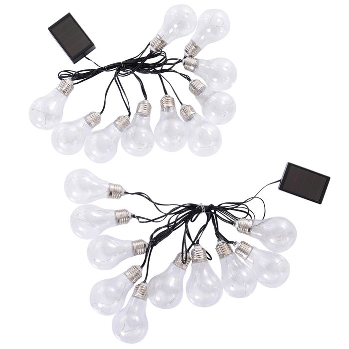 Outsunny Guirlandes lumineuses solaires - lot de 2 pièces - total 20 ampoules LED blanc chaud - longueur totale 7,6 m - norme IP44