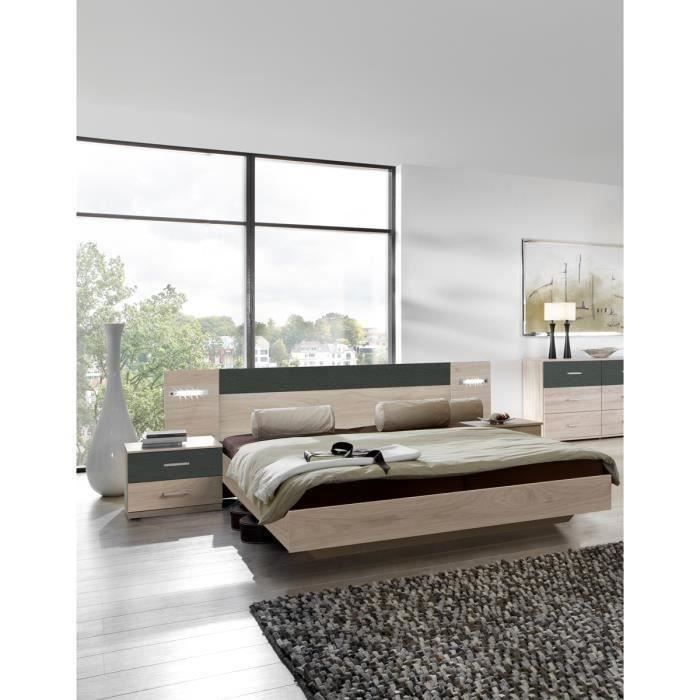 Ensemble Lit Adulte Avec Led Et 2 Chevets En Imitation Chene Hickory Rechampis Graphite 180 X 200 Cm Cdiscount Maison