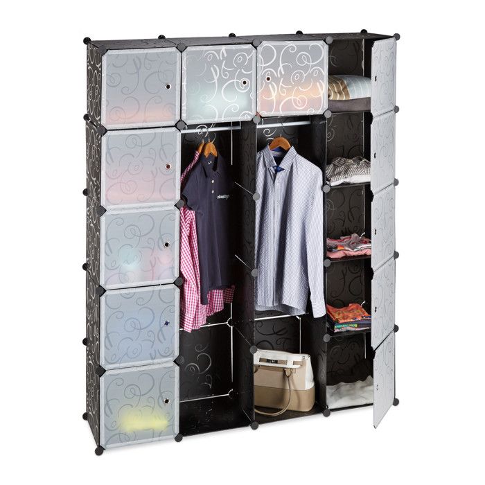 Relaxdays Étagère cubes rangement penderie armoire 14 compartiments plastique 2 tringles modulable plastique noir