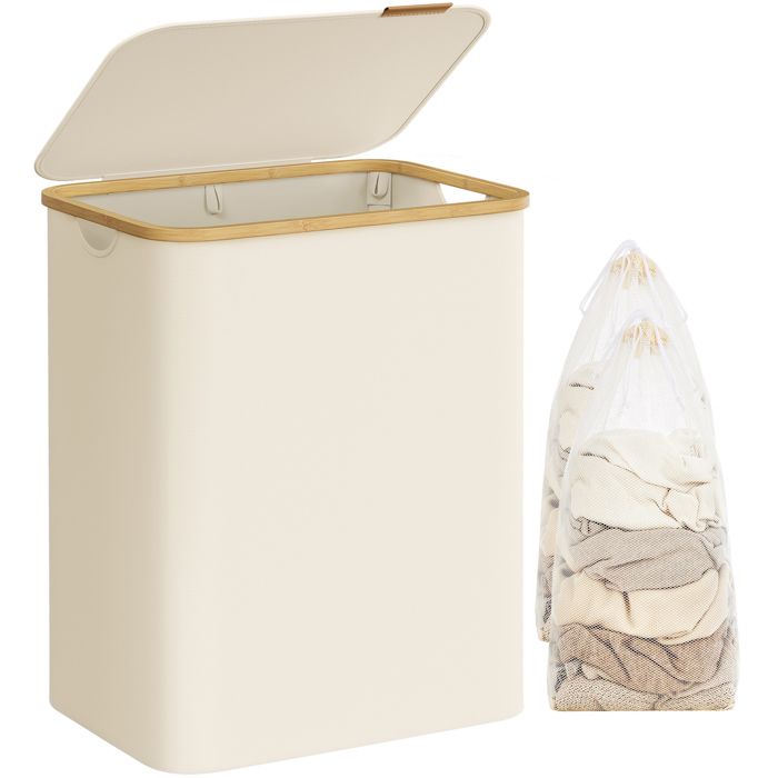 Panier à Linge avec Couvercle à 2 Compartiments 130L Sac Amovible Tissu Oxford Pliable 52 x 385 x 705 cm Blanc Crème