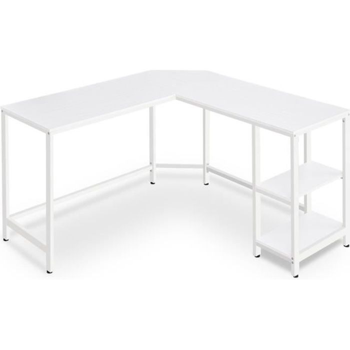 bureau avec rangement, 138 x 138 x 76 cm, avec 2 étagères, pour télétravail, gain de place, facile à assembler, blanc érable