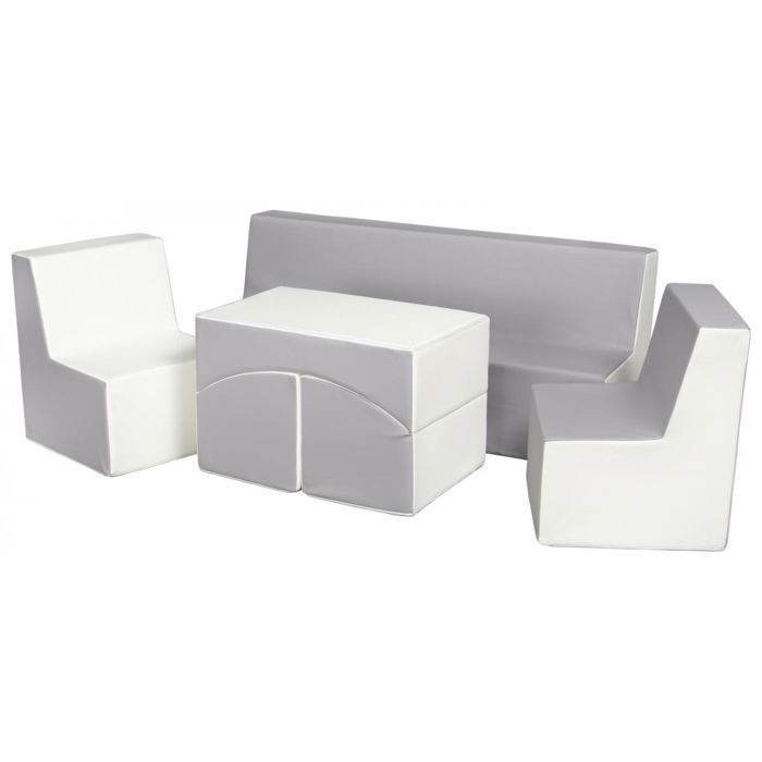 Ensemble Meubles Enfant Velinda éco-cuir - Fauteuil, Canapé, Pouf Dépliant (Blanc/Gris), Pour Chambre Et Jeu