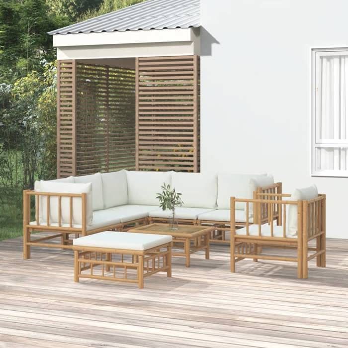 vidaXL Salon de jardin 8 pcs avec coussins blanc crème bambou ensemble de salon ensemble de salon extérieur 3155190 vidaXL Salon de jardin 8 pcs avec coussins blanc crème bambou ensemble de salon ensemble de salon extérieur 3155190