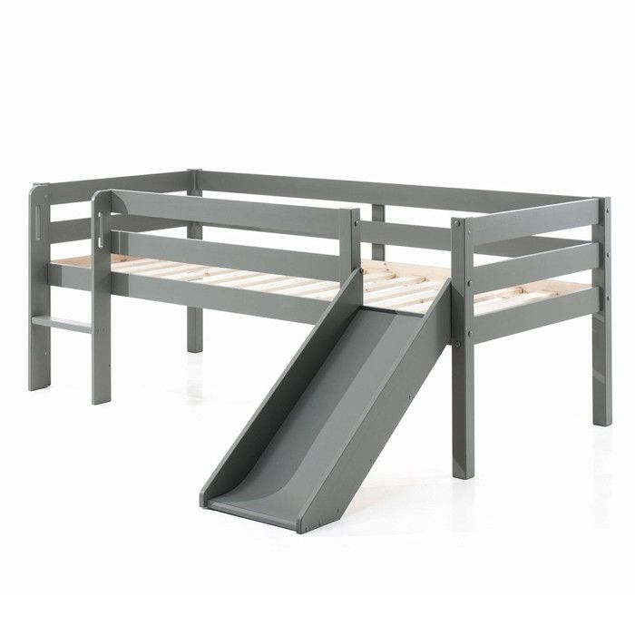 Lit Enfant Surélevé & Toboggan Pino 90x200cm Gris Lit Enfant Surélevé & Toboggan Pino 90x200cm Gris