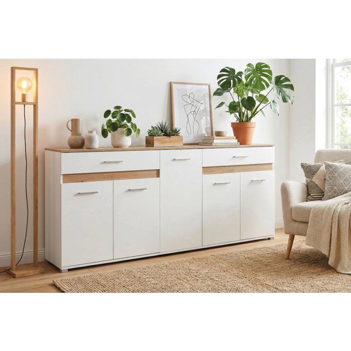 Buffet VOLOS - Blanc & Chêne Artisan - 5 portes 2 tiroirs - 200 x 38 x 90 cm