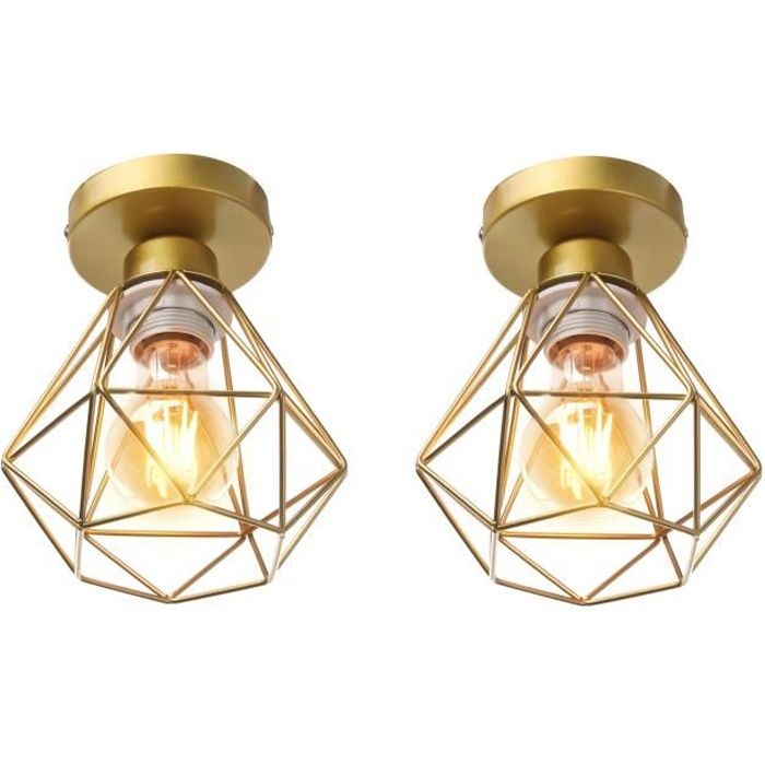 UNI Lot de 2 Plafonnier Cage Diamant E27 16cm Rétro Industrielle Lustre Suspension pour Couloir Escalier Chambre Doré