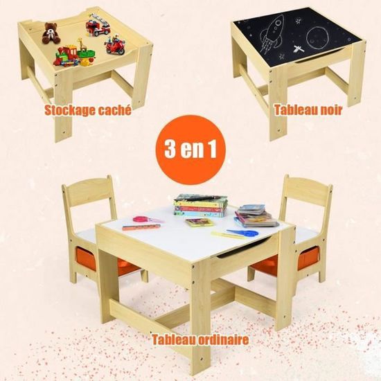 Table Enfant Avec 2 Chaises En Forme D'ours – Plateau Réversible Blanc/noir, Rangements Cachés Et Bacs En Tissu