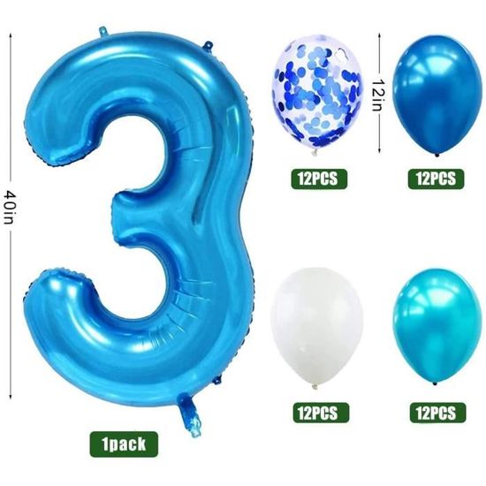 Ballon en aluminium numéro 3 ans Ballon d'anniversaire bleu avec paille à  boire