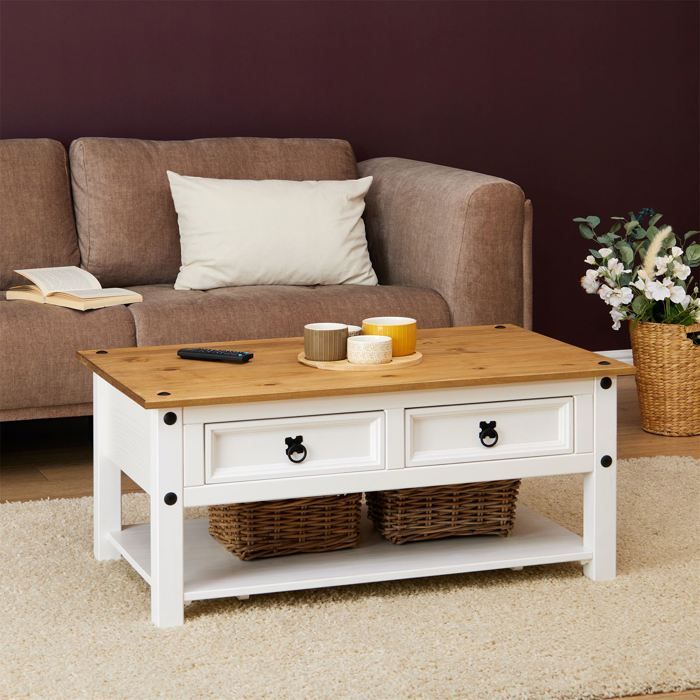 Table Basse Campo Avec 2 Tiroirs Et 1 Étagère, En Pin Massif Blanc Et
