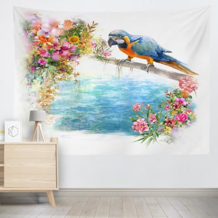 Tapisserie Tenture murale Peinture aquarelle mer fleurs et perroquet  Impression numérique Polyester 200x150cm Personnalisable - Cdiscount Maison