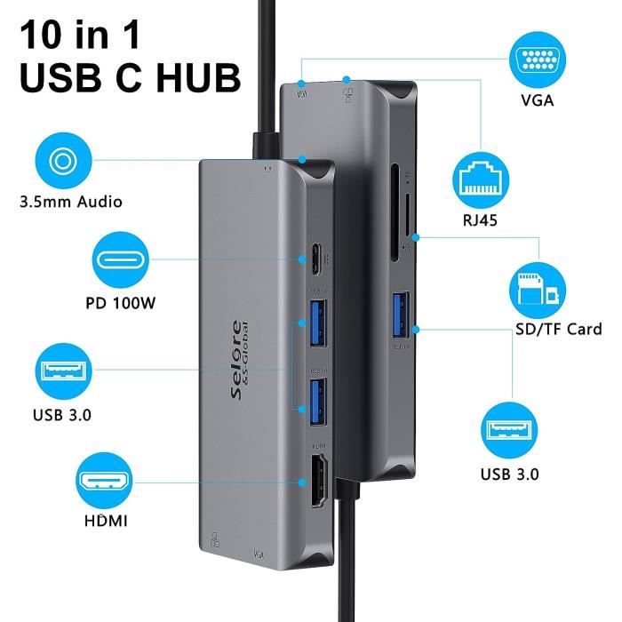 HUB USB C, Adaptateur 10 en 1 avec 4K-HDMI, VGA, USB 3.0, Type C, Port PD, Ethernet  RJ45, Lecture Carte SD/TF, AUX 3,5 mm Audio - Cdiscount Informatique