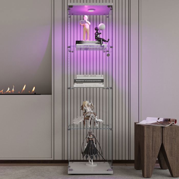 Vitrine En Verre Trempé 4 étagères - 42,5x36,5x125 Cm - Avec Portes Et Serrure - Transparente