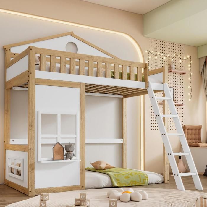 Lit Mezzanine Enfant/ado 90x200 Cm En Bois Massif, Avec Armoire, étagères Et échelle Rangement - 7