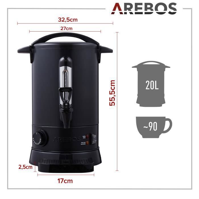 Distributeur Boissons Chaudes Arebos 1650W 20L - Marmite Vin Chaud Inox Avec Thermostat 30-110°C