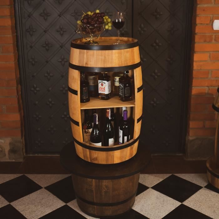 Armoire Bar En Tonneau De Bois Pin - Éclairage LED | Casier à Vin Et Spiritueux | Meuble Rangement Déco 80cm (Couleur Wengé)