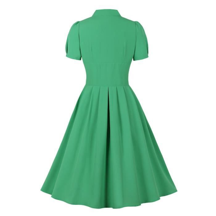 Femme Robe Vintage Audrey Hepburn Style Robe Annee 50 60 Manches Courtes Couleur Unie Plisse Robe Vert Cdiscount Pret a Porter