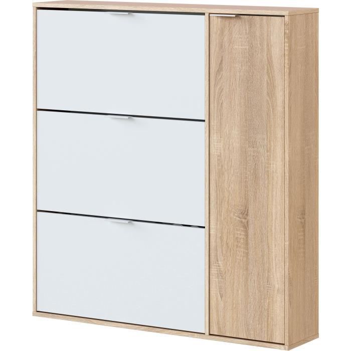 Meuble à chaussures - CLASS - 3 tiroirs abattants et 1 porte - Chêne et blanc - L106xP22xH115cm