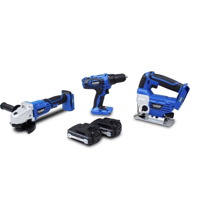 HYUNDAI Pack 3 outils 18V : perceuse 40Nm + meuleuse d'angle 115mm + scie sauteuse + 2 batteries 1,5