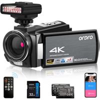 ORDRO Caméra vidéo 4K 1080p 60 fps AE8 avec vision nocturne infrarouge, caméra de chasse aux fantômes, caméra vidéo WiFi avec