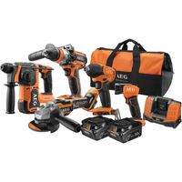 Pack 5 outils AEG sans fil 18V - perceuse, visseuse à chocs, scie circulaire et sabre +2 batteries 4Ah, chargeur et sac