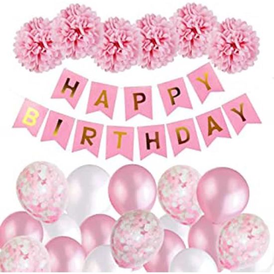 Décoration d'anniversaire Fille Joyeux anniversaire Guirlande Ballons  Décoration d'anniversaire Ensemble avec ballons roses, papier de soie  Pompons Rose Pour Décoration Anniversaire