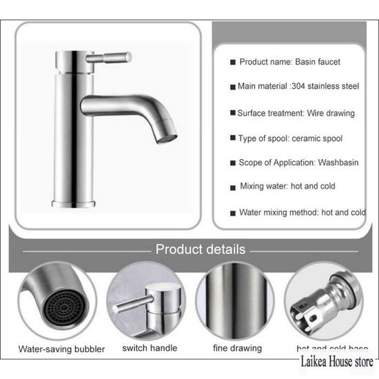 Mitigeur Lavabo Acier Inox 304 Brossé - Robinet Salle De Bain Bec Bas Avec Tuyau 60 Cm - Eau Chaude/Froide