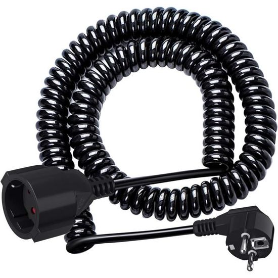 Câble Rallonge Spirale Schuko 0,6 M à 2 M – 230V 16A 3x1 Mm², IP20, Noir – Flexible Et Robuste