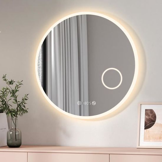 Miroir LED HAPAOSO 80cm Avec Loupe 3X + Horloge - 3 Couleurs, Anti-Buée, Tactile