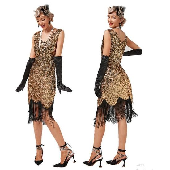 Robe D guisement Femme Ann e 20 Charleston Vintage R tro Franges Paillettes Col V Robe Soir e Bal Cocktail C r monie XS 3XL Or