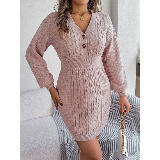 Robe Pull Femme Automne Hiver - Manches Longues, Col Rond, Ceinture - Tissu Doux élastique