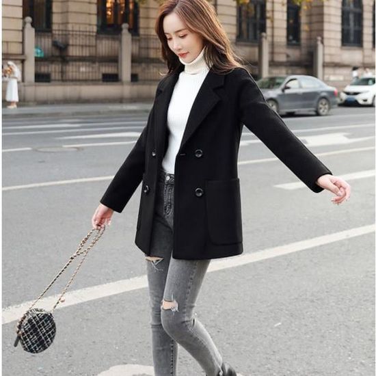 Manteau court en laine melangee pour femme.noir Noir Cdiscount Pret a Porter
