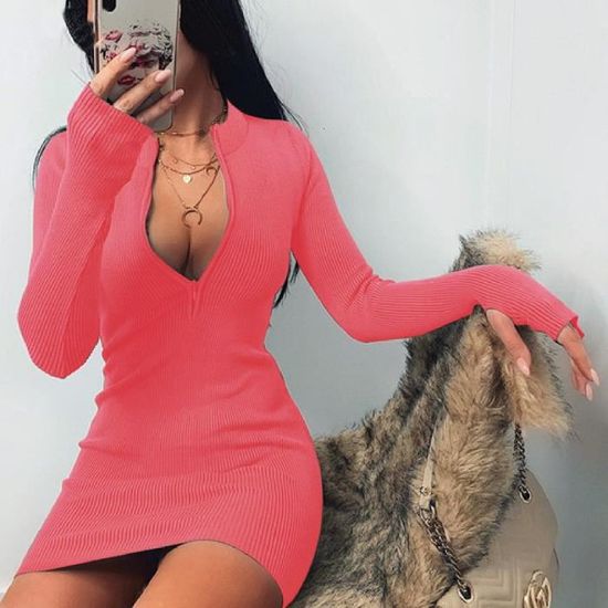 Femme Robe Pull Hiver De Manches Longues Casual Pulls Robes Zippe Avant Moulante Mini Robes rouge L Rouge Cdiscount Pret a Porter