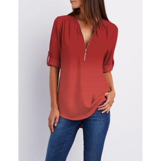 Chemisier Mode Mousseline De Soie Unie Col V Manches Longues