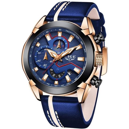 Montre Militaire Chronographe Lige Bleue - Quartz, étanche 30m, Bracelet Polyuréthane, Boîtier Acier Noir