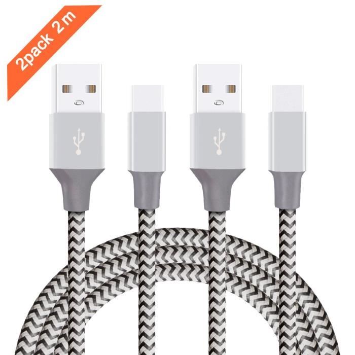 Câble Micro USB C, 2m Lot de 2 Câble Type C, Câble USB C Charge Rapide, USB C Câble, Type C Nylon Tressé Câble âble Samsung S8,Noir