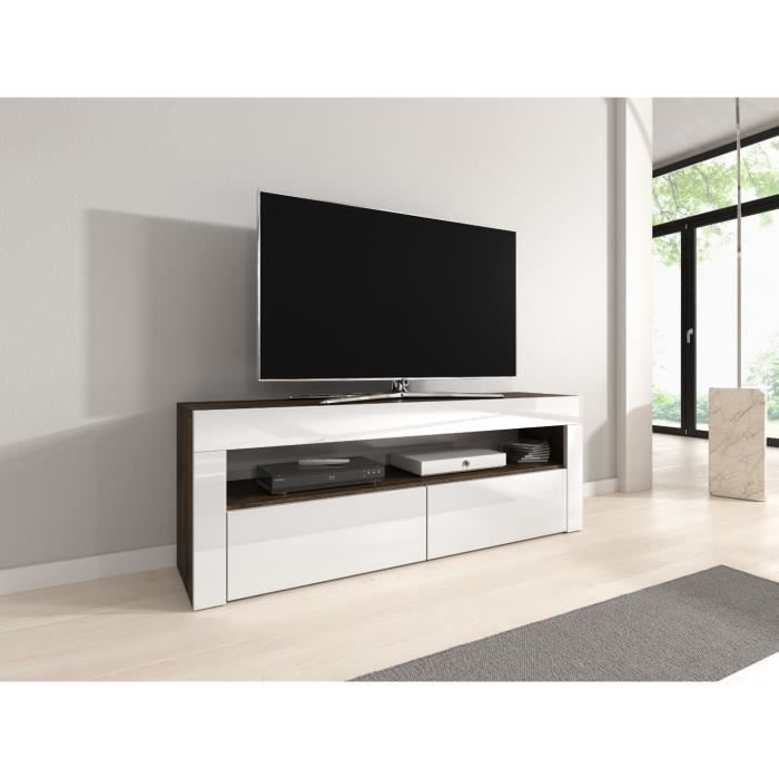 E-com Meuble tele Luna - 140 cm, Corps Chêne frégate / Façade Blanc brillant
