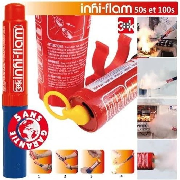 INHI-FLAM - Inhibiteur de feu - Extincteur de poche - Ecologique, Eco-compatible- Actif pour environ 50 secondes - Garanti 5 ans