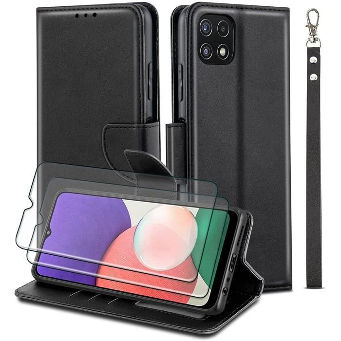 Coque pour Samsung Galaxy A22 5G(Non applicable au Samsung Galaxy A22 4G), avec 2 Pièces Verre Trempé Protection écran,Luxe PU Noir