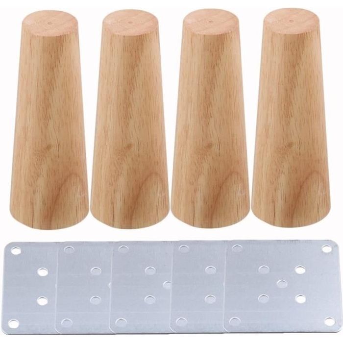 4x Pieds de Meubles en Bois 15cm Massif avec Plaque de Montage et Vis pour Canapé, TV, Lit, Table à Manger