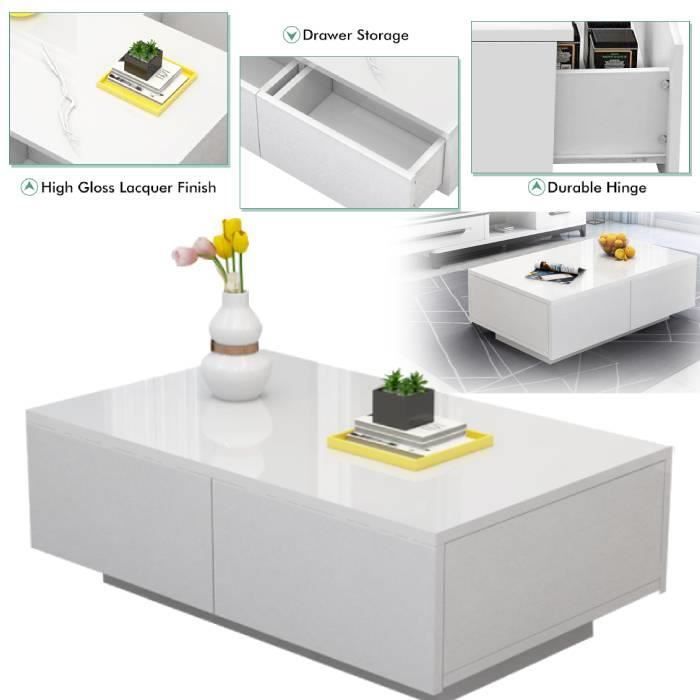 Table basse style contemporain laqué blanc brillant 4 tiroirs CYA82