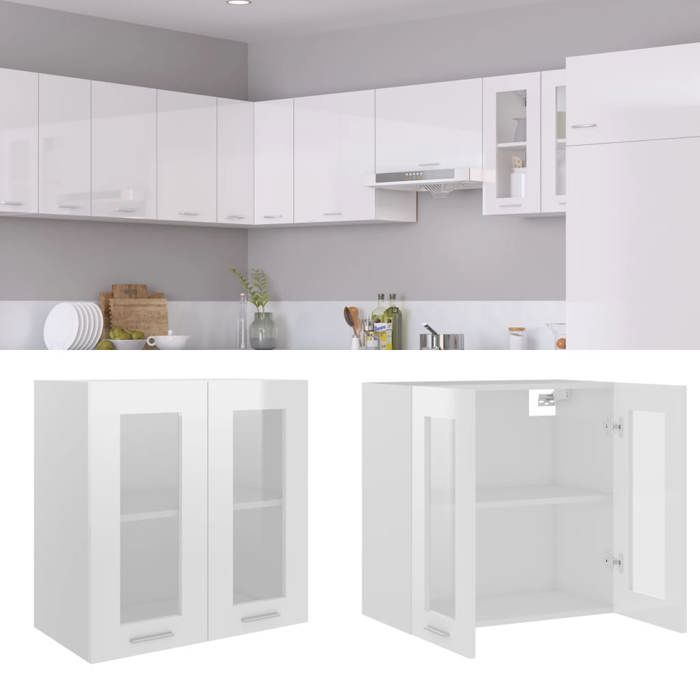 unique armoire en verre suspendue,commode meuble haut de cuisine blanc brillant 60x31x60 cm aggloméré 30777