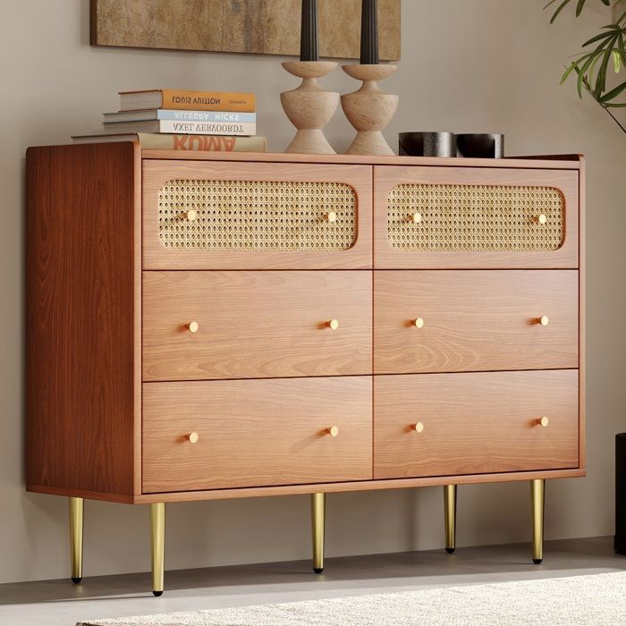 Buffet - PUGSDRLY - Buffet Commode 6 tiroirs rotin - Noyer - Métal & bois - Pieds métal 20 cm