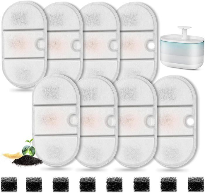 Meilleurs prix pour Lot De 8 Filtres Pour Fontaine D'Eau De Chat Avec 8 Éponges, Filtre De Rechange Pour Fontaine D'Eau 71Oz/2.1L Plwf002 Capsule D'Eau