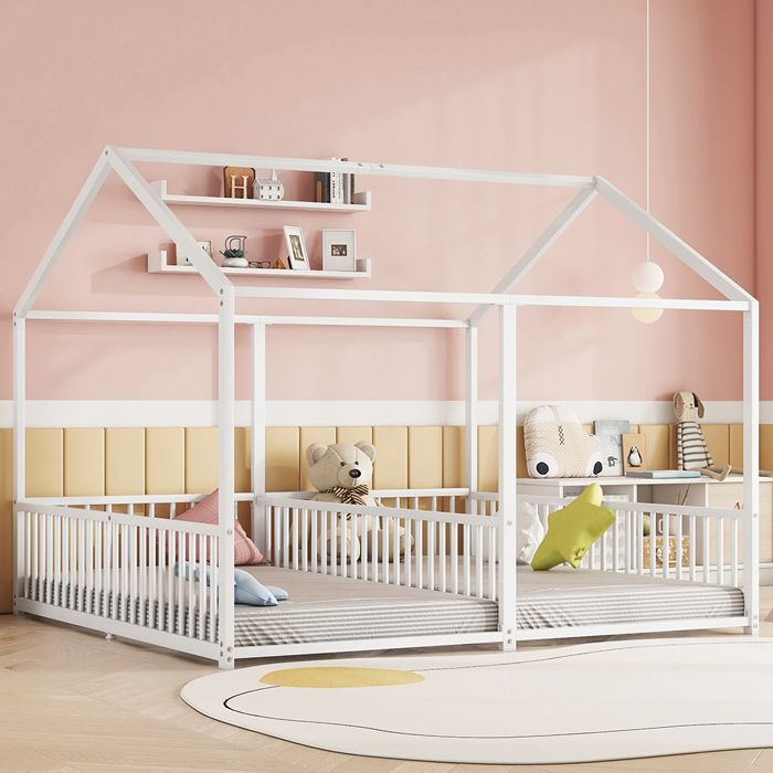 Lit Sol Créatif Chambre Lit De Sol Maison Enfant 90x200cm - Avec Barrières Sécurité Et Tête De Lit Cheminée - Pin Naturel Lit 90x200cm Barrières Sécurité