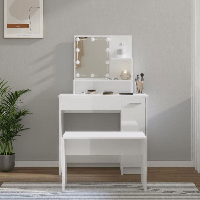 Coiffeuse Blanche Et Or Avec Miroir LED - 2 Tiroirs + étagère - Avec Tabouret Assorti - Pour Chambre